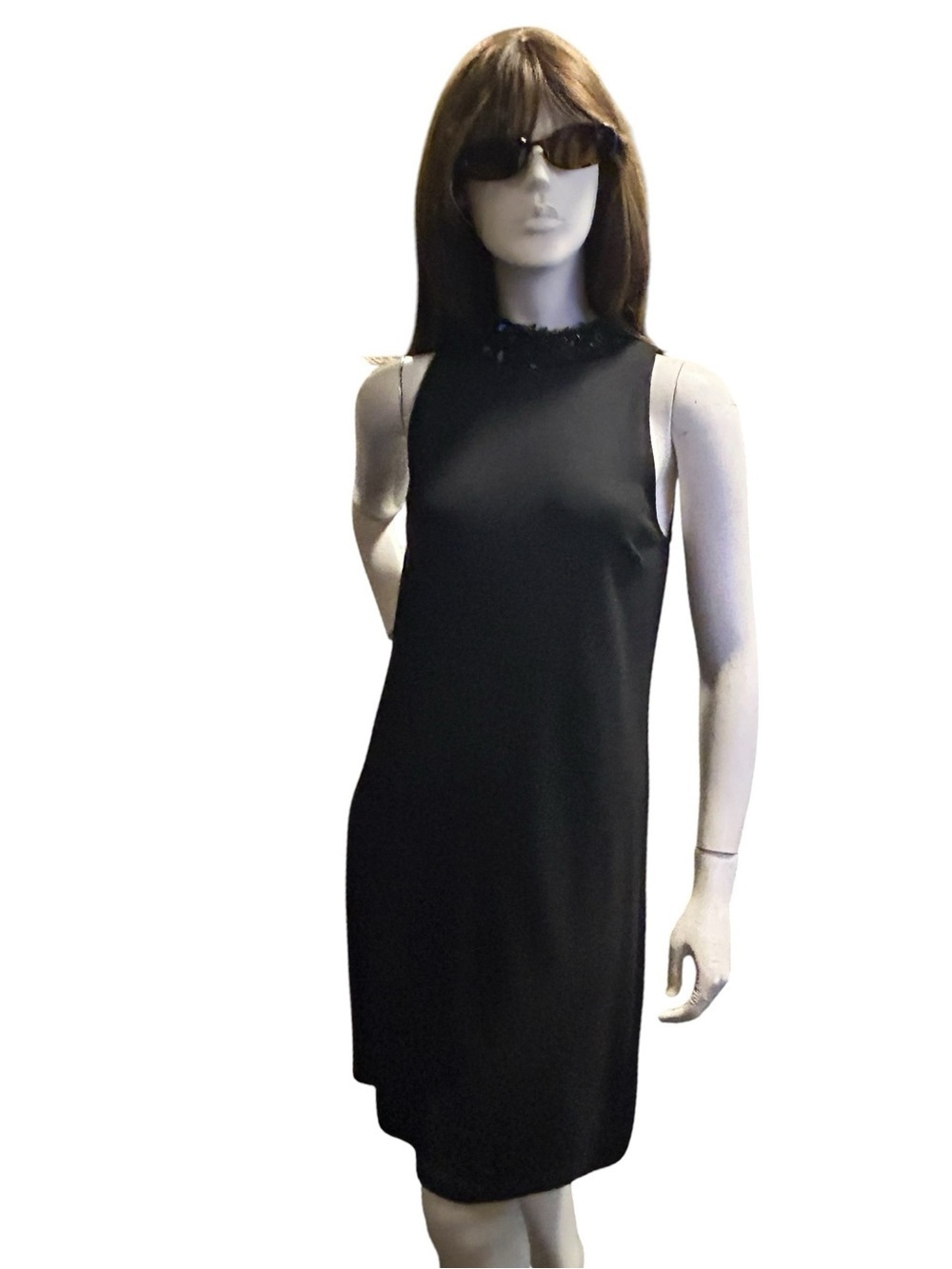Maggy London Black Scuba Knit Shift Dress Beaded Neckline LBD Size 6 Timeless